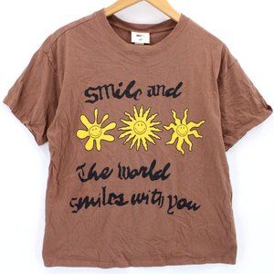 Smiley X H&M Shirt Womens Brown Short Sleeve Cropped Smile Sun Logo Small S